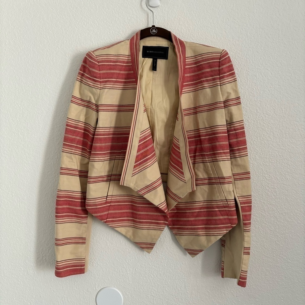 BCBGMaxAzria Women's Size XXS Red/Cream Abbey Cropped Striped Blazer Jacket